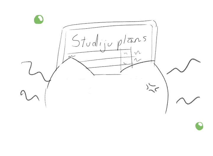 Uzzīmēta dusmīga kaķa galvas aizmugure, kurš skatās uz monitoru ar atvērtu studiju plāna mājaslapu