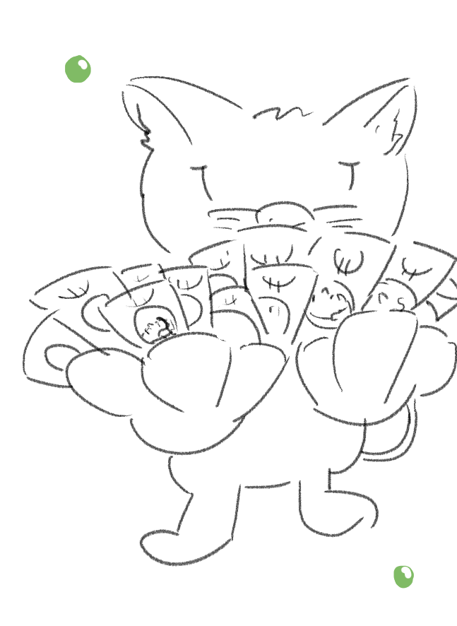 Uzzīmēts kaķis, kurš tur daudz papīra naudu.