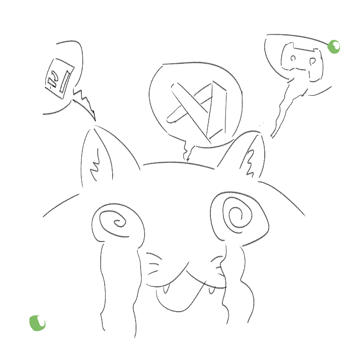 Uzzīmēts raudošs kaķis pārstimulēts ar lietotņu daudzumu. No viņa prom lido domu burbuļi ar lietotņu ikonām.